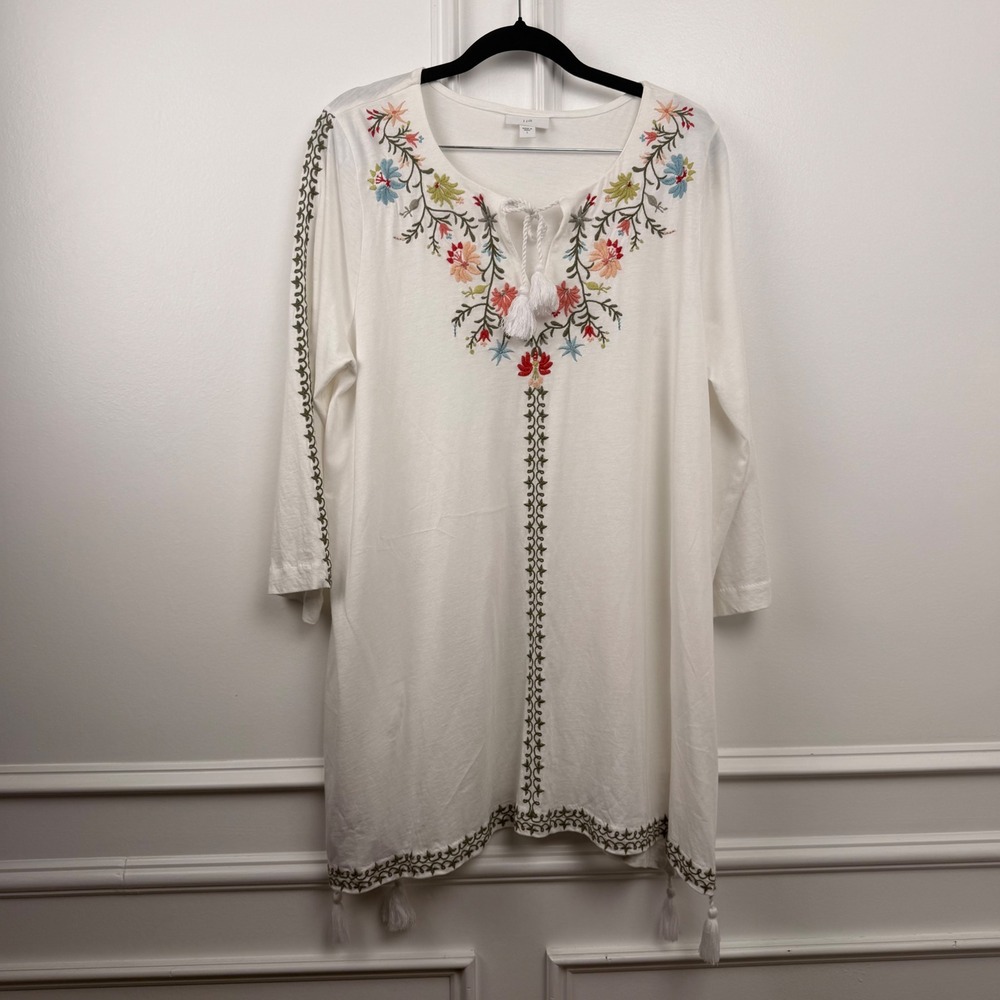 J. Jill White Embroidered Floral Tassel Tunic Top Womens Large Cotton Modal L